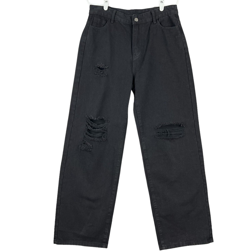 Women' Denim Jeans Distressed Size L 32x31 Regular Wide Leg High Rise Black NWOT